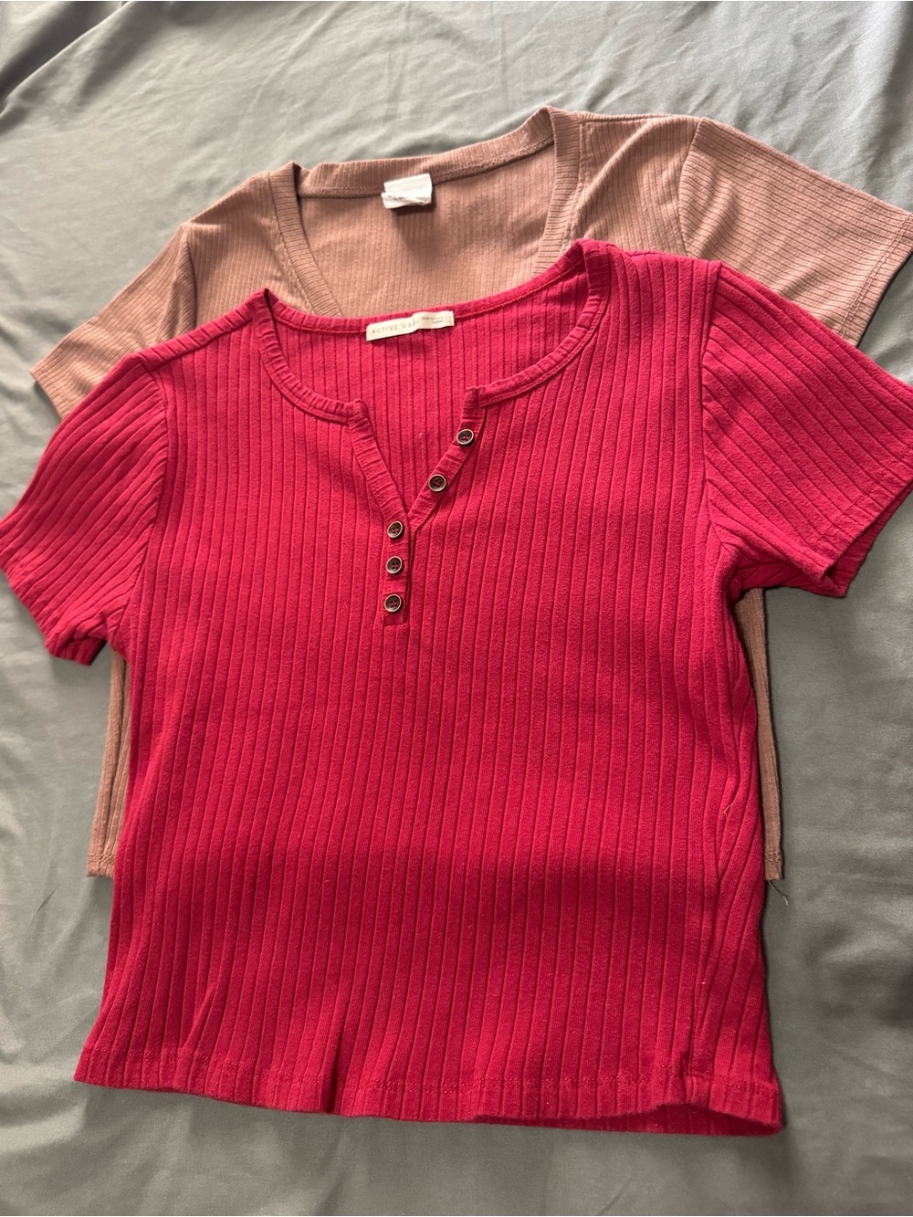 Active USA Ribbed Short-Sleeve Henley Crop Top + Brown V-Neck Crop Top